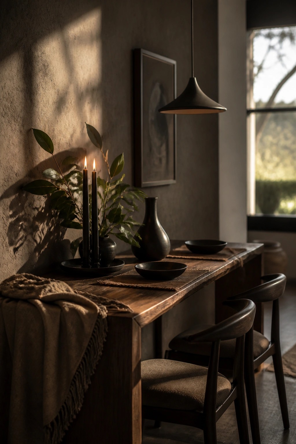 A wooden dining table with lit black candles, green foliage in dark vases, black bowls on woven placemats, and two upholstered chairs in a room with a pendant light.
