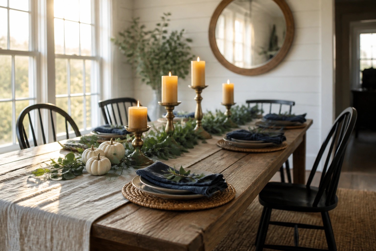 Rustic wooden table set with white pumpkins, greenery runner, candles, and blue napkins