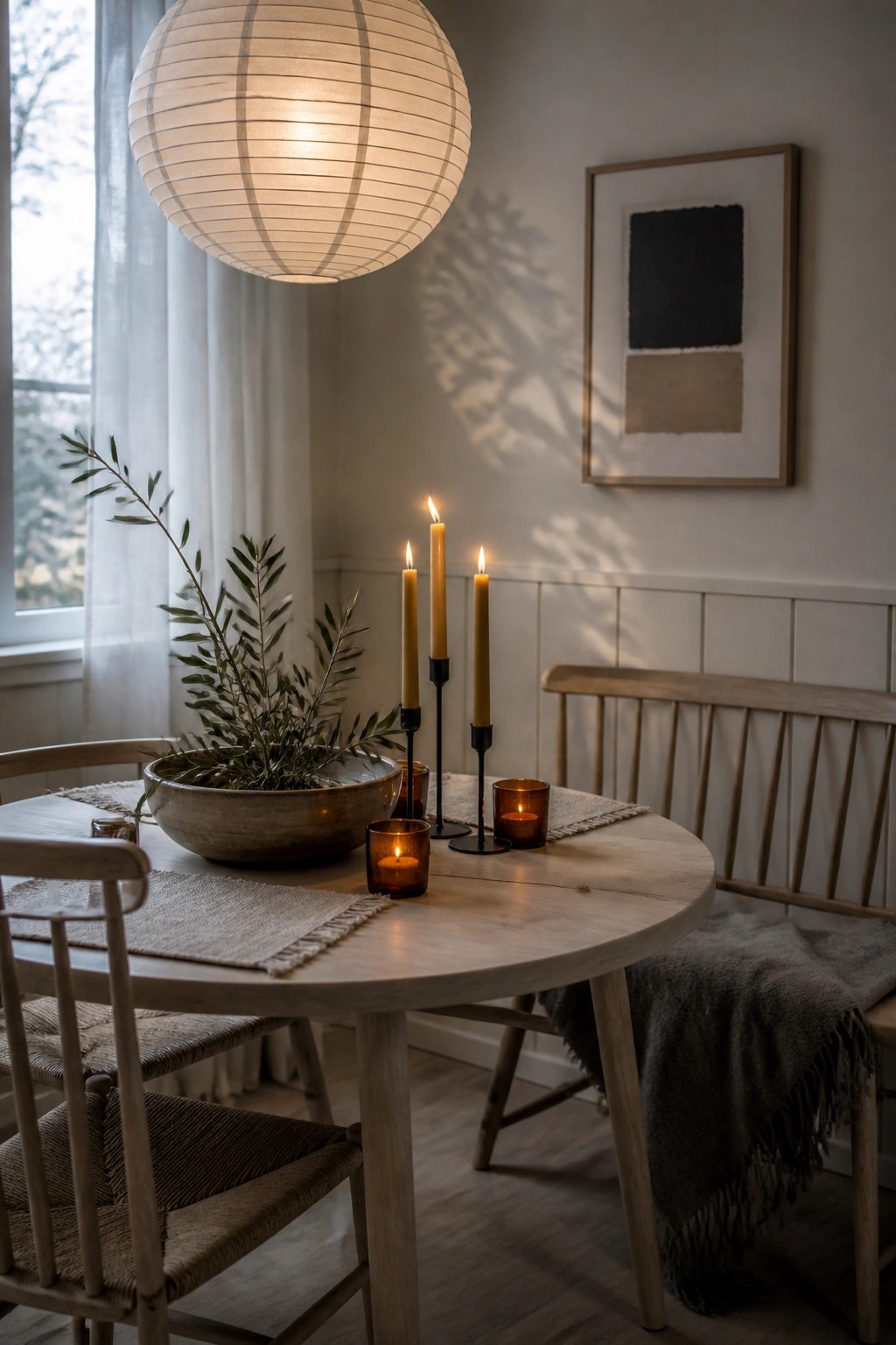 A round wooden dining table set with a large ceramic bowl of greenery, several tall yellow taper candles in black holders, and small lit candles in amber glass votives, surrounded by wooden chairs and a bench.