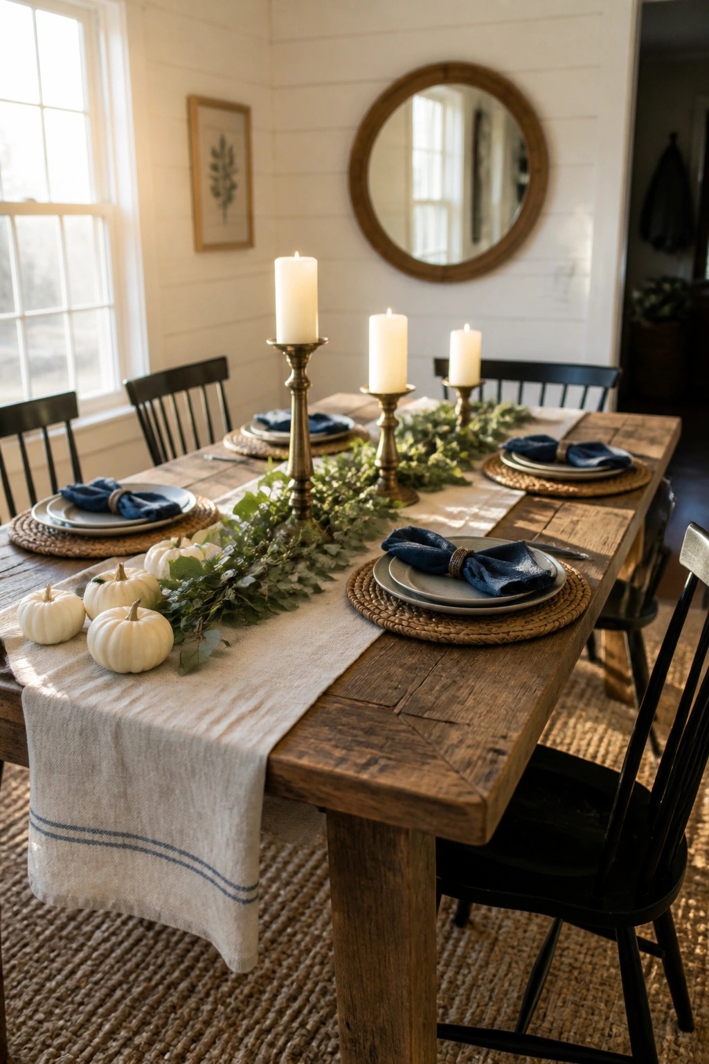 Rustic wooden table set with white pumpkins, greenery runner, candles, and blue napkins