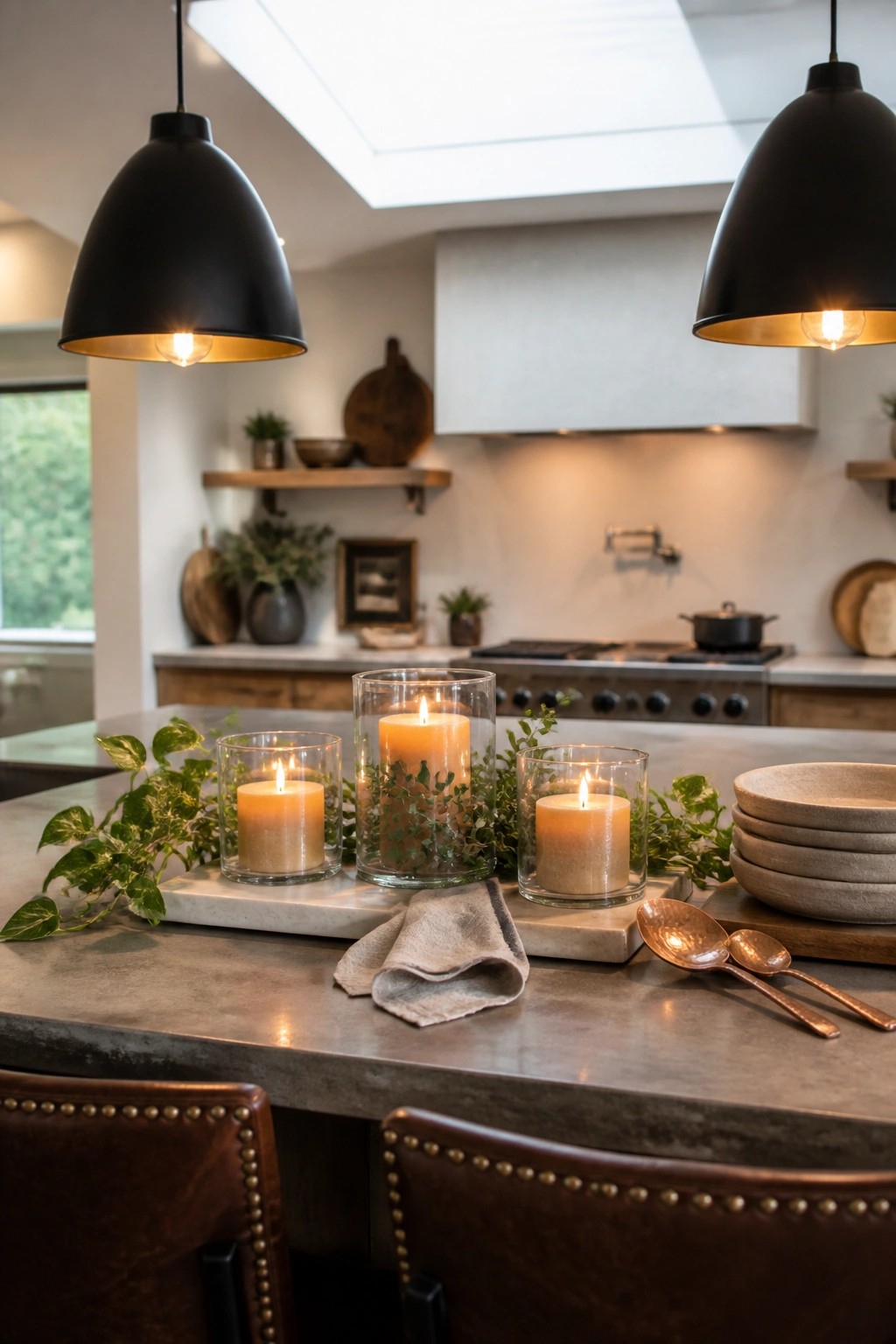 A kitchen island with three lit candles in glass holders arranged with fresh greenery on marble trays.