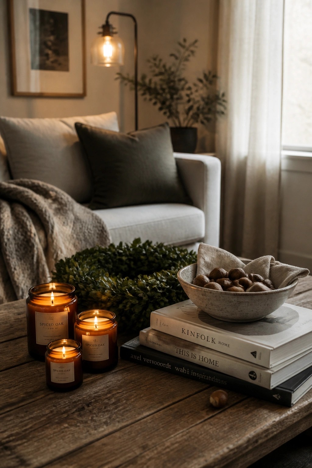 Three lit candles in amber jars rest on a wooden table beside stacked books, a ceramic bowl, and a green garland.