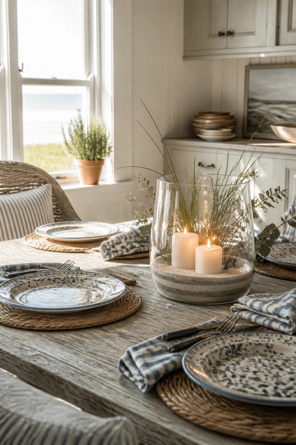 A wooden dining table set with blue patterned plates features a large glass vase filled with sand, two lit white candles, and tall grasses as a centerpiece.