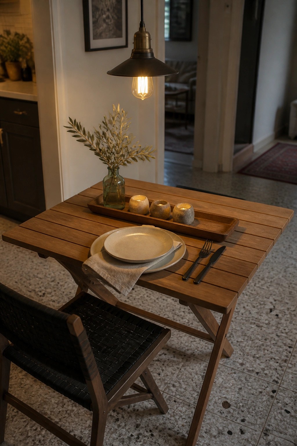 A wooden dining table with a long wooden tray holding three small candles and a glass vase of greenery, next to stacked plates and black cutlery under a lit pendant light.