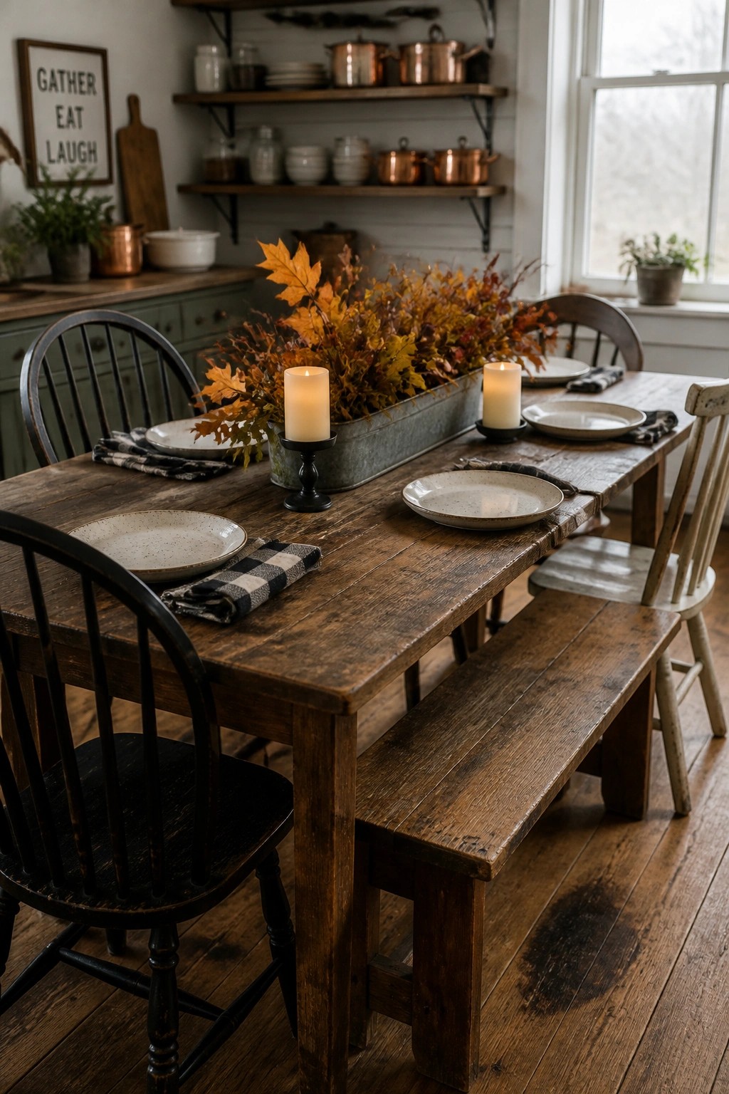 A rustic wooden dining table with a long metal trough filled with autumn leaves and two lit pillar candles as the centerpiece, surrounded by plates and chairs.