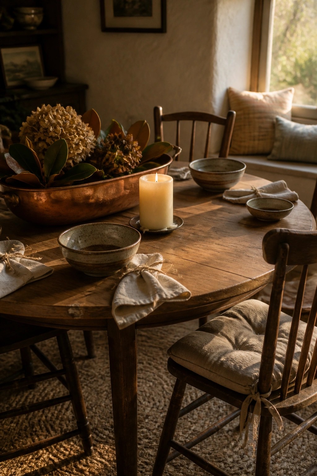 A round wooden dining table with a large copper bowl holding dried hydrangeas and magnolia leaves, a lit pillar candle on a saucer, and several small ceramic bowls with tied linen napkins.