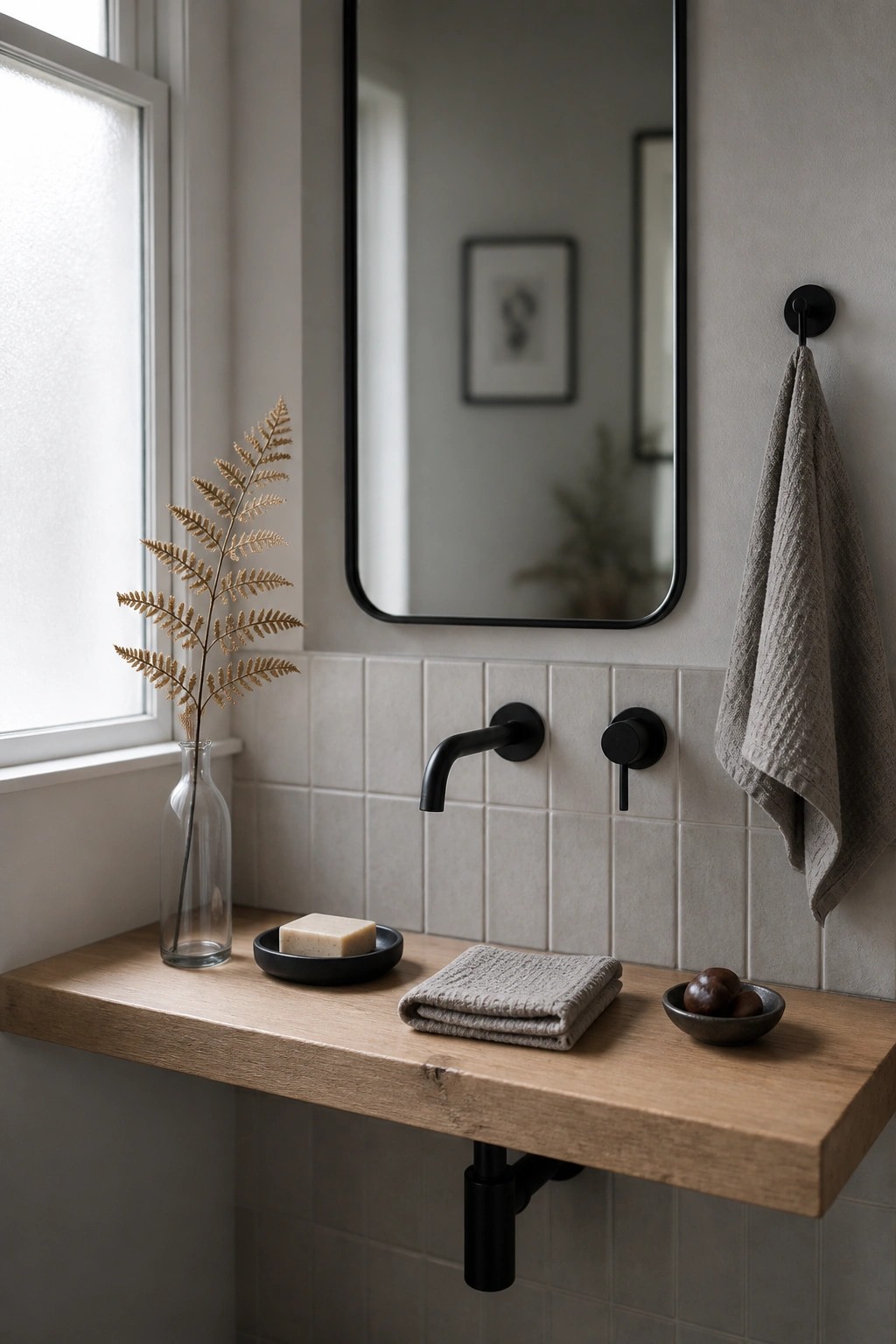 Minimalist bathroom with wooden counter, black faucet, mirror, and dried plants.