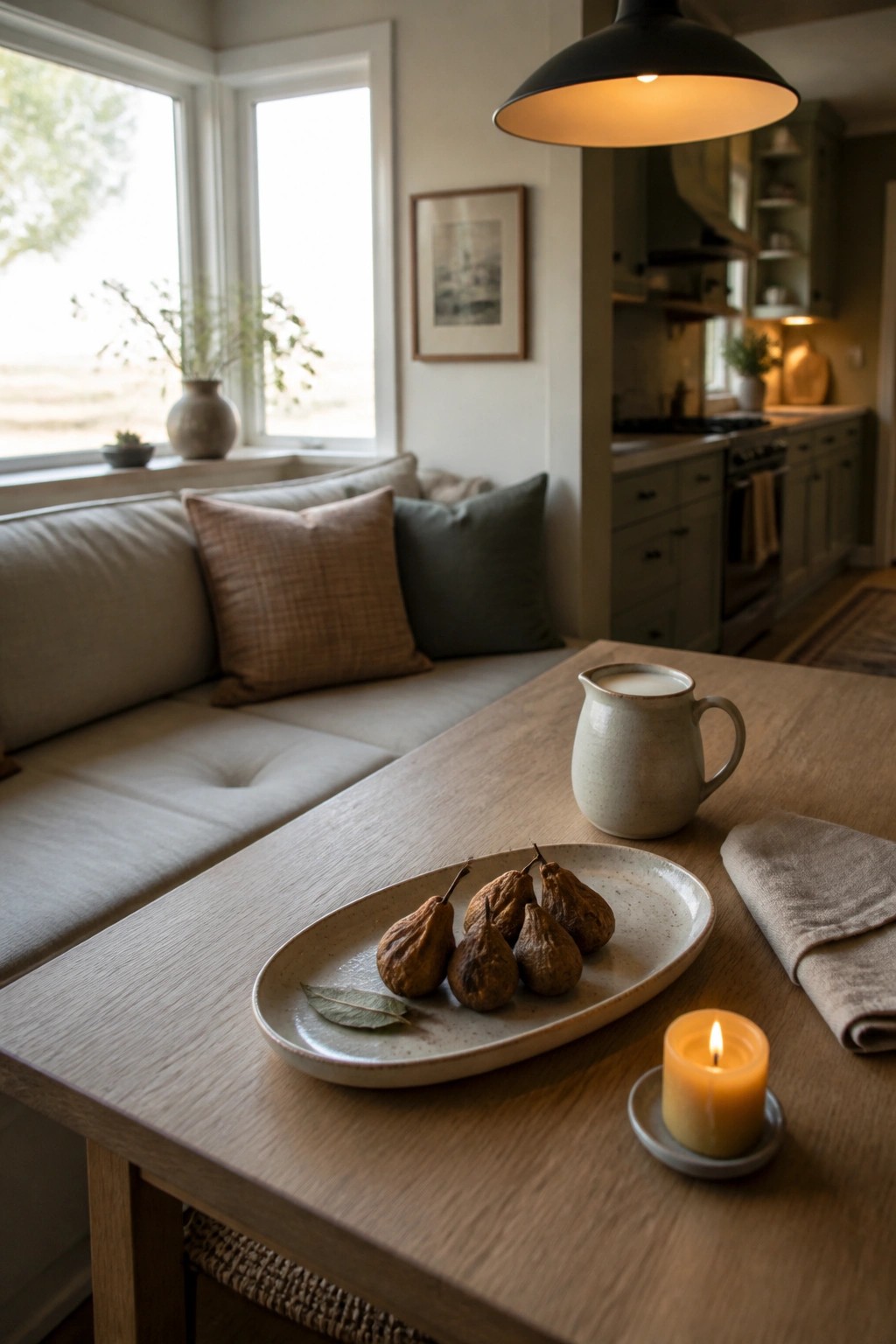 A light wood table holds a speckled ceramic platter with several brown pears and a bay leaf, next to a lit candle and a small pitcher.