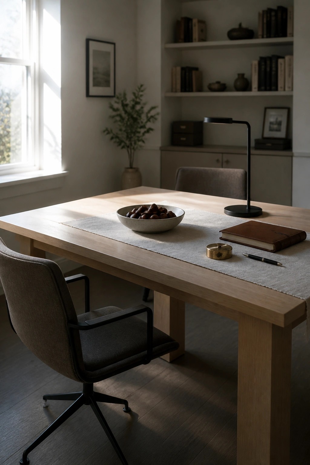 A light wood table with a light gray fabric runner holding a ceramic bowl of chestnuts, a brown leather notebook, a pen, and a small brass container, with a black desk lamp nearby.