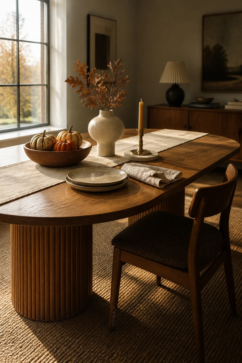 Rustic wooden table with pumpkins, dried leaves in vase, and lit candle.