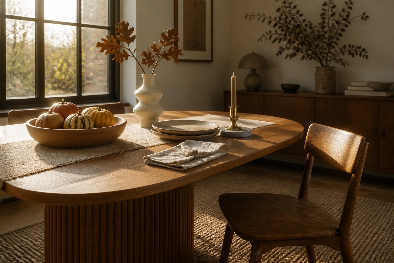 Rustic wooden table with pumpkins, dried leaves in vase, and lit candle.
