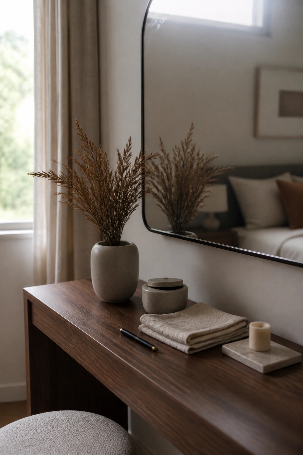 A wooden console table holds a speckled ceramic vase with dried branches, a small lidded container, folded linen cloths, a pen, and a candle on a marble tray beneath a large wall mirror.
