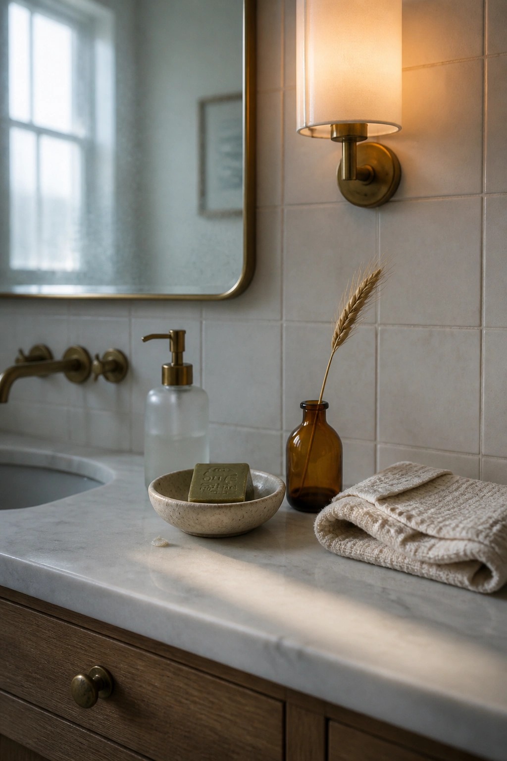 Marble bathroom counter with soap dispenser, bowl, towel, amber bottle, and lit sconce