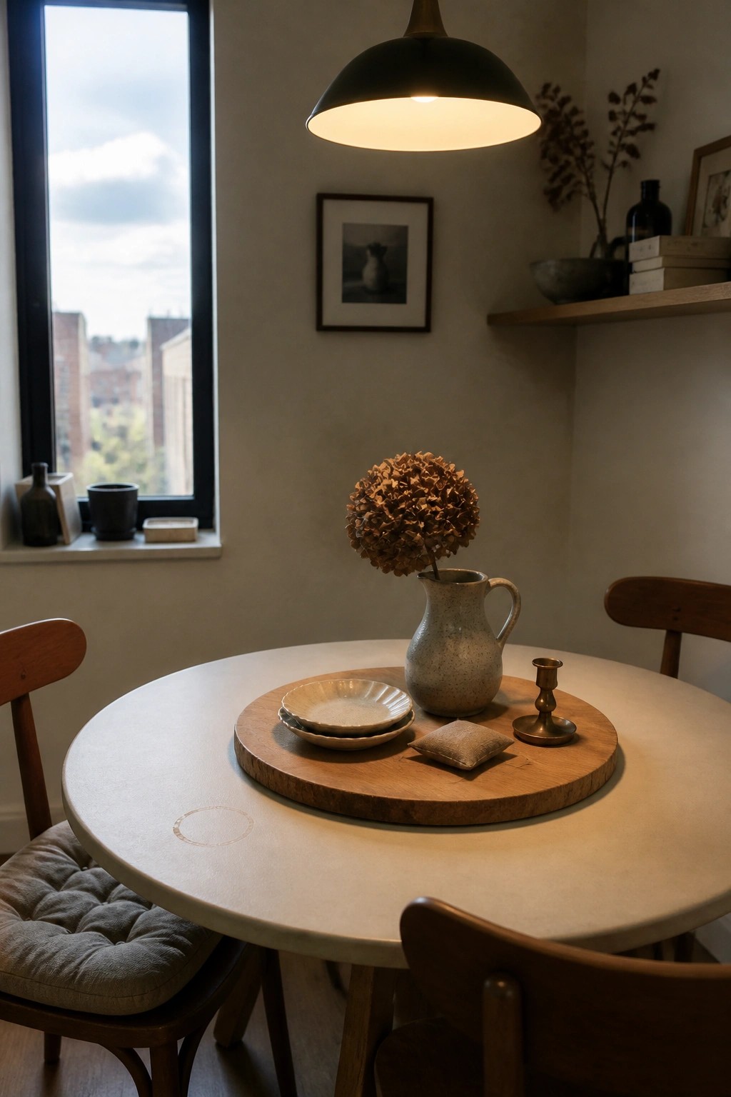 A round light-colored dining table holds a round wooden tray with a ceramic pitcher of dried flowers, stacked plates, a small fabric pillow, and a brass candlestick, surrounded by wooden chairs in a minimalist room.