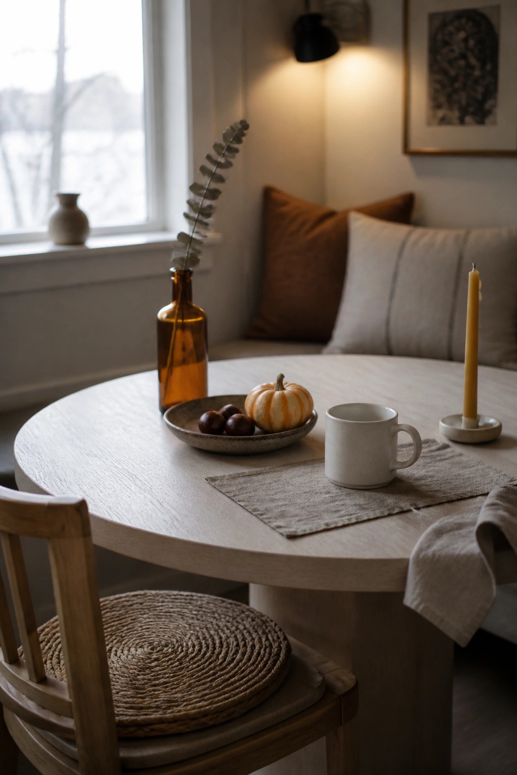 A round light wood dining table holds a brown glass vase with eucalyptus, a small ceramic bowl containing a mini pumpkin and chestnuts, a white mug on a linen mat, and a lit taper candle in a holder.