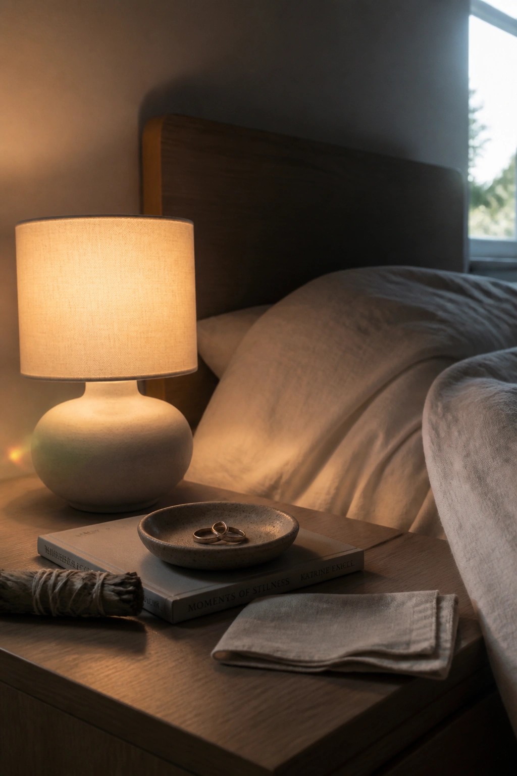 A wooden nightstand holds a lit ceramic table lamp, a book, a small dish with two rings, and a folded cloth.