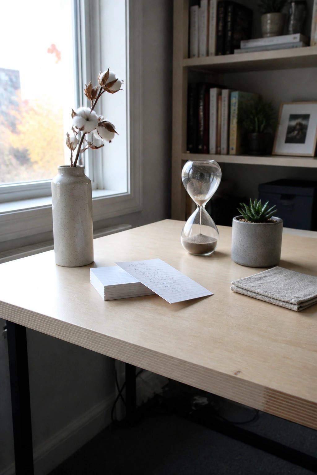 Wooden desk with cotton vase, hourglass, succulent, notepad, and folded cloth.