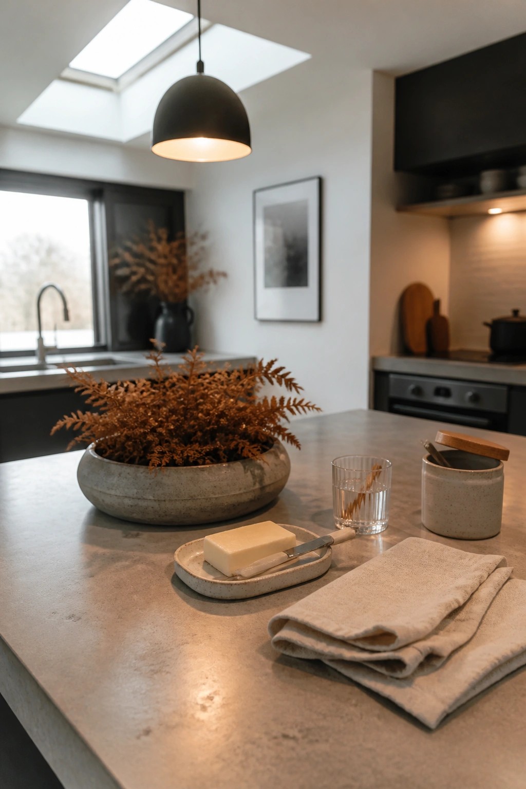 A concrete kitchen island holds a large stone bowl of dried ferns, a small ceramic plate with butter and a knife, a ribbed glass, a lidded jar, and folded linen napkins.