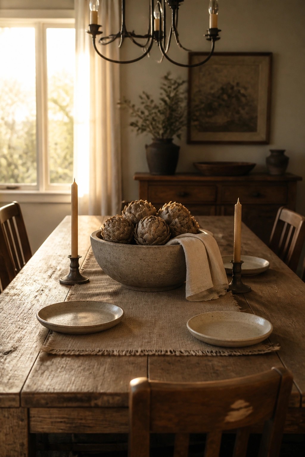A rustic wooden dining table with a large stone bowl of artichokes as the centerpiece, flanked by two taper candles and simple ceramic plates on burlap runners.