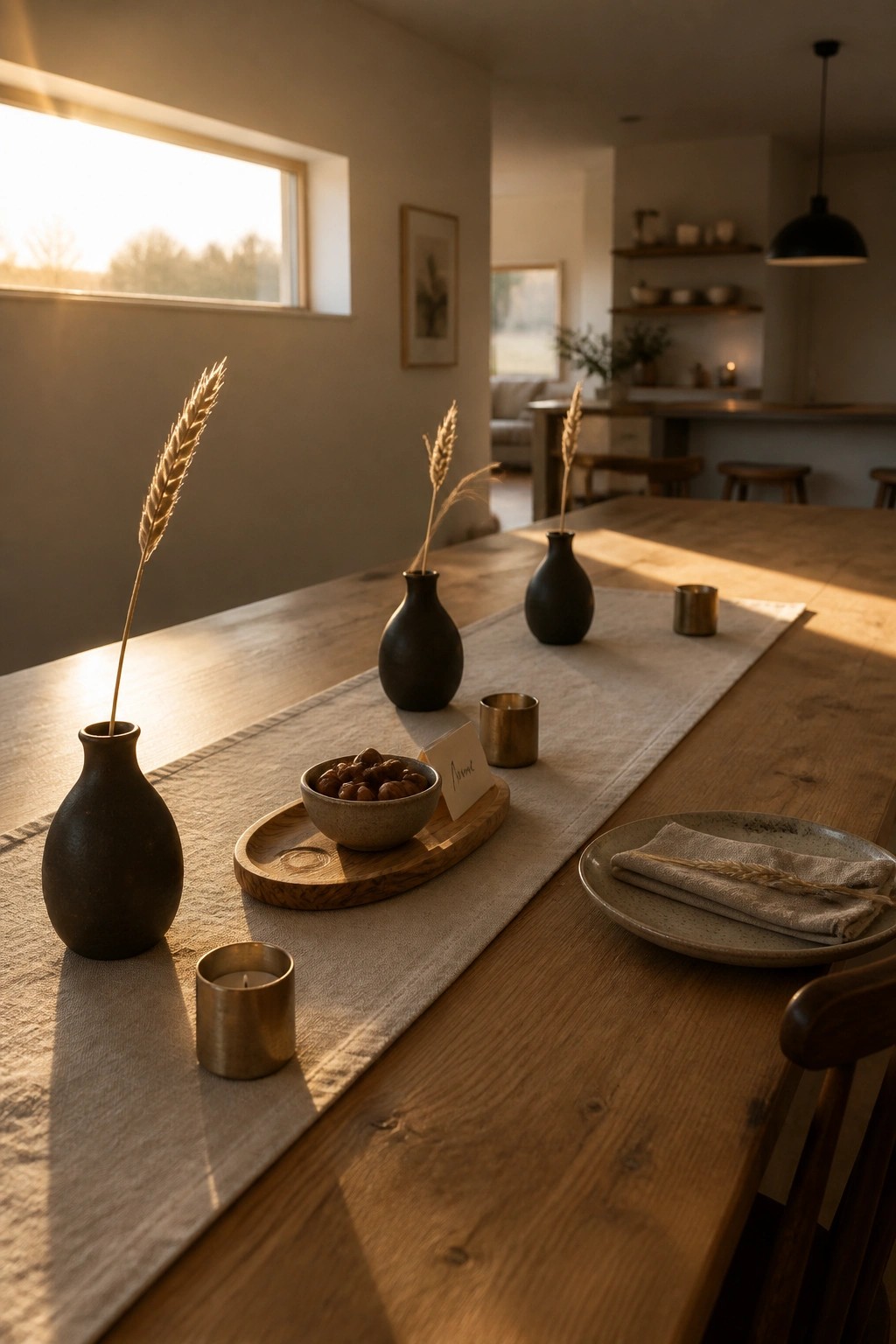 A long wooden dining table with a beige linen runner holding several dark vases with wheat stalks, a wooden tray with a bowl of nuts, brass candle holders, and one place setting with a folded napkin.