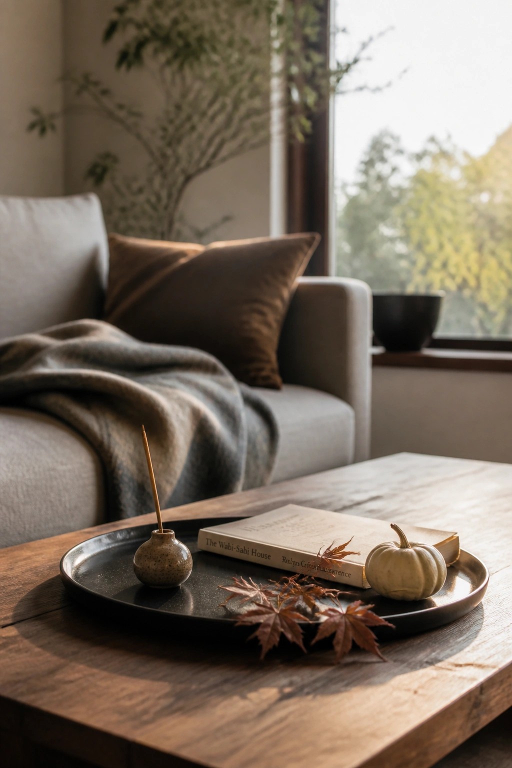 A wooden coffee table holds a black tray with a book titled The Wabi-Sabi House, a small white pumpkin, dried maple leaves, and a small ceramic vase with a stick.
