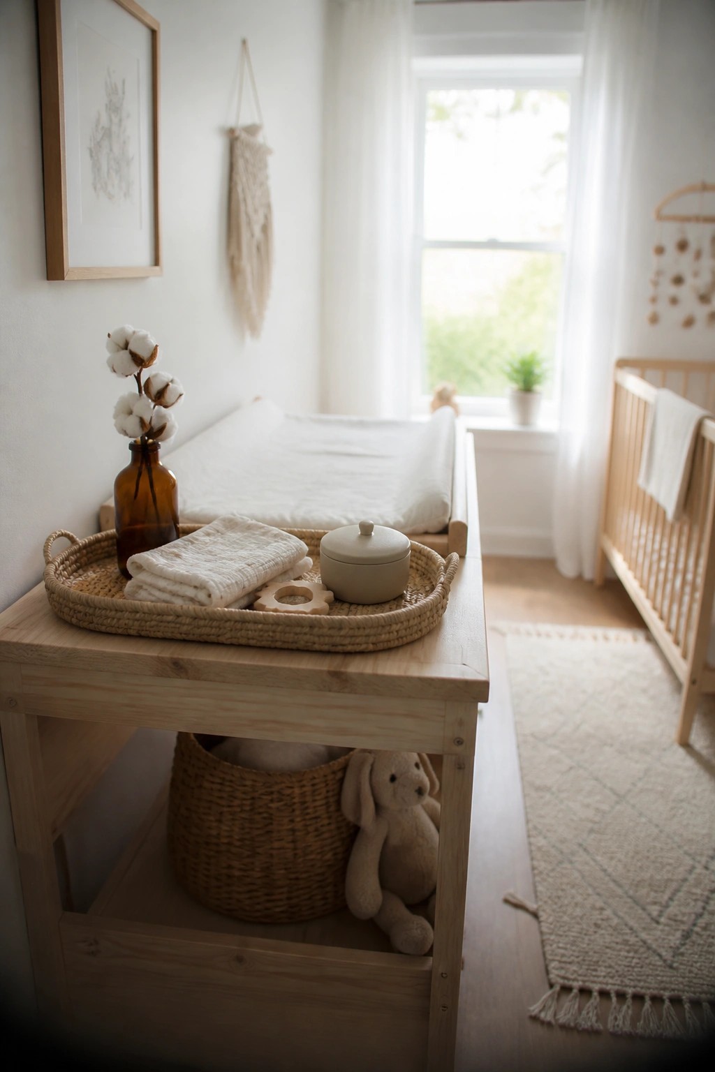 Neutral nursery changing table with woven tray, cotton stems, linens, and bunny below