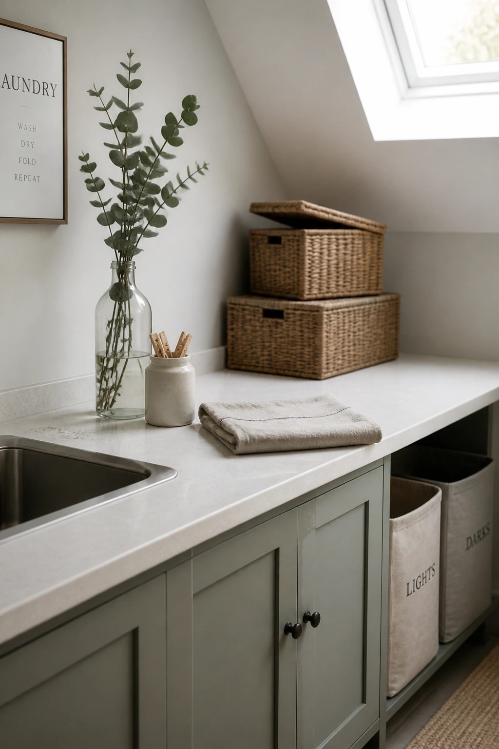 Laundry room with sage cabinets, white countertop, sink, eucalyptus vase, and woven baskets
