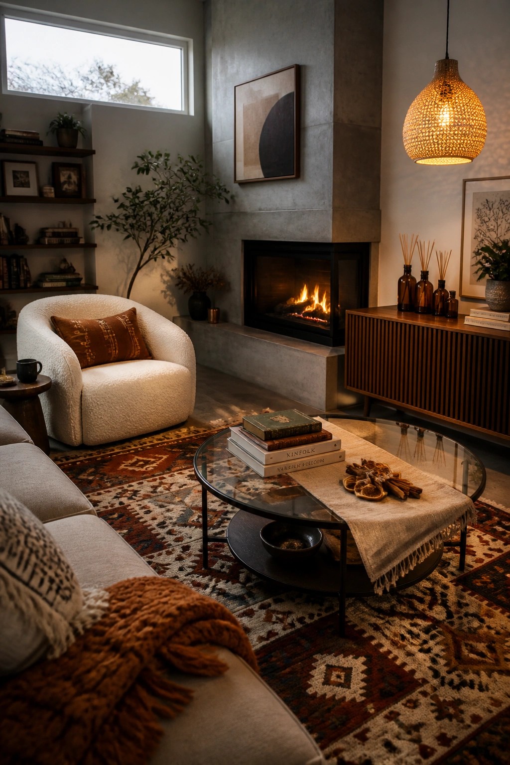 A modern living room featuring a concrete fireplace, white boucle armchair, round glass coffee table with stacked books and dried citrus on a linen runner, and a patterned area rug.
