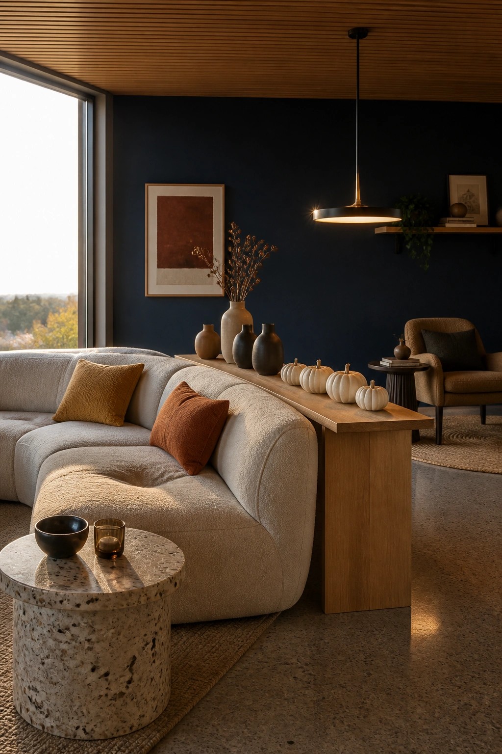 Cozy living room with curved beige sofa, wooden console, vases, and pumpkins.