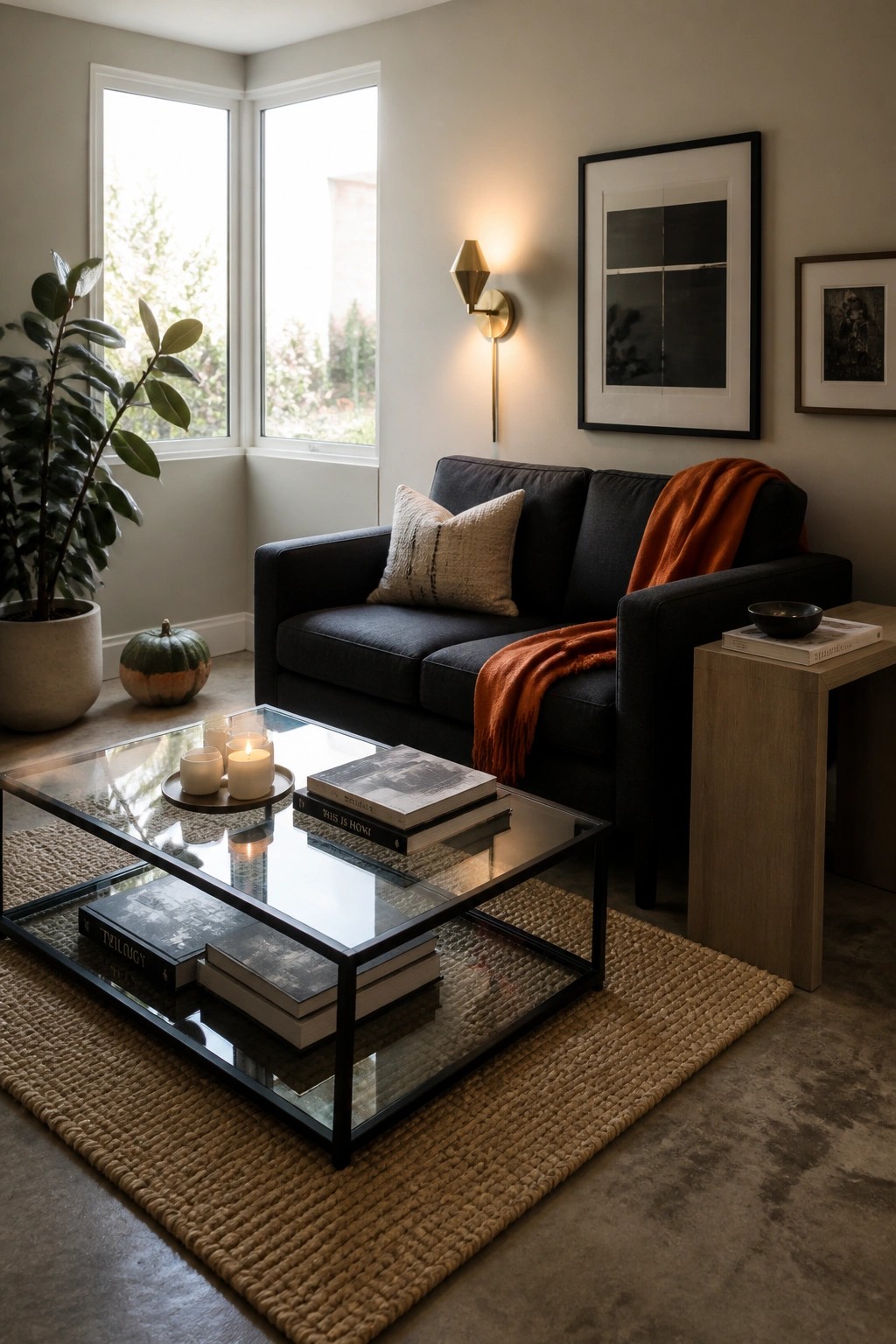 A living room scene showing a dark gray sofa with an orange throw draped over one arm, a glass coffee table holding books and candles, and a large potted plant nearby.