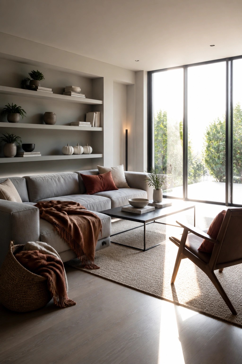 A modern living room featuring a gray sectional sofa, built-in white shelves with books and small white pumpkins, a black coffee table, and large windows with natural light.