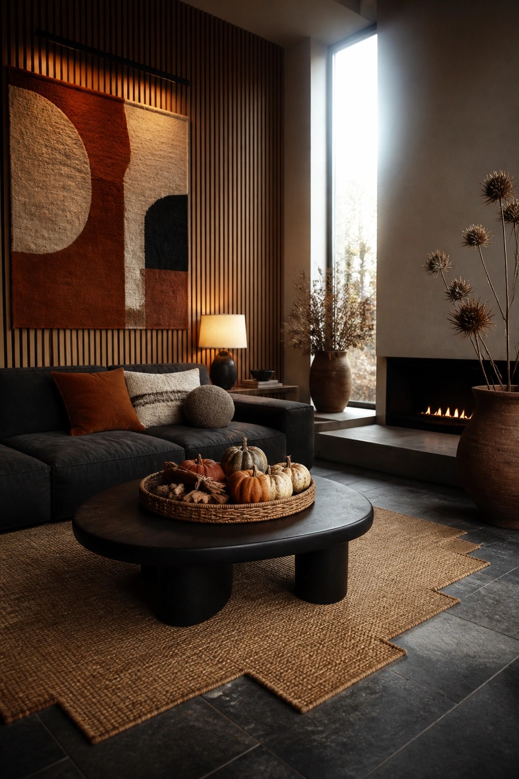 A modern living room with a round black coffee table holding a woven basket of small pumpkins, placed on a large jute rug in front of a dark sofa.