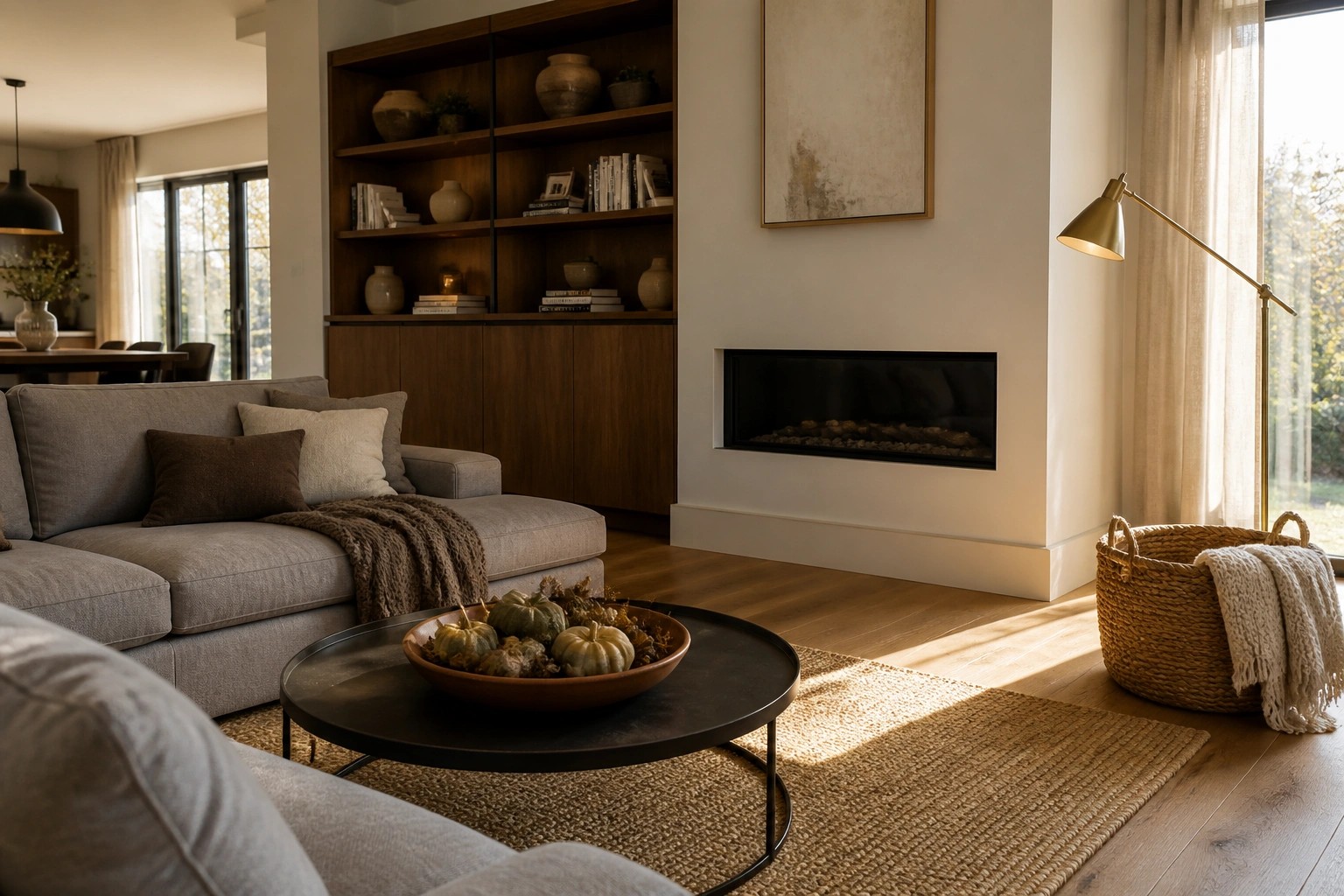 A modern living room with a round black coffee table holding a wooden bowl of small pumpkins and gourds, positioned in front of a recessed linear fireplace on a white wall.