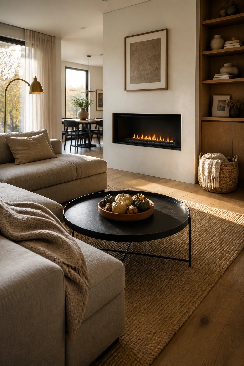 A modern living room with a round black coffee table holding a wooden bowl of small pumpkins and gourds, positioned in front of a recessed linear fireplace on a white wall.