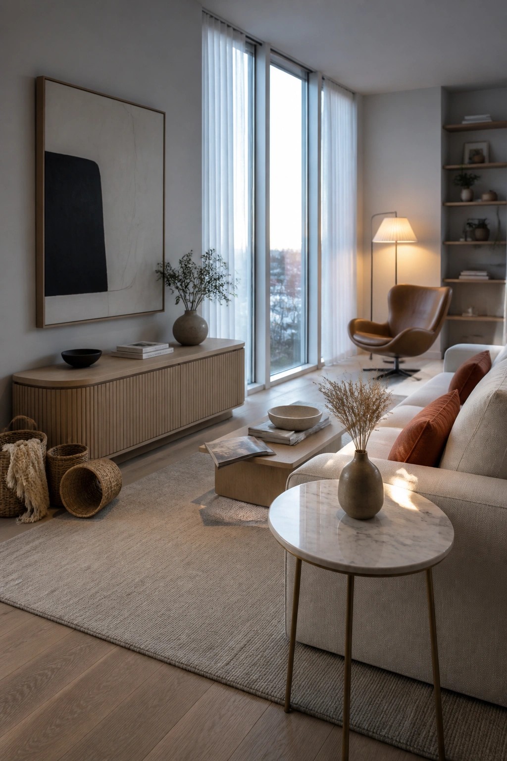 A modern living room featuring a beige sofa, light wood console with abstract wall art, coffee table on a large rug, and large windows with sheer curtains.