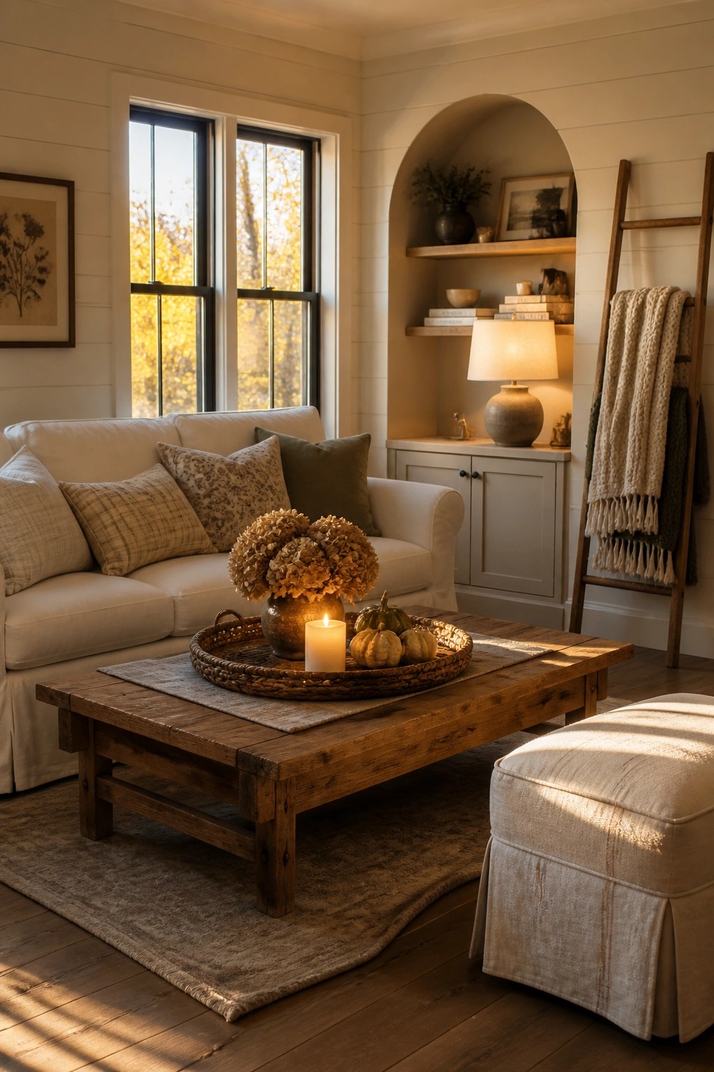 A living room featuring a white sofa, a rustic wooden coffee table with a woven tray holding small pumpkins and a lit candle, and an arched built-in shelf in soft natural light.