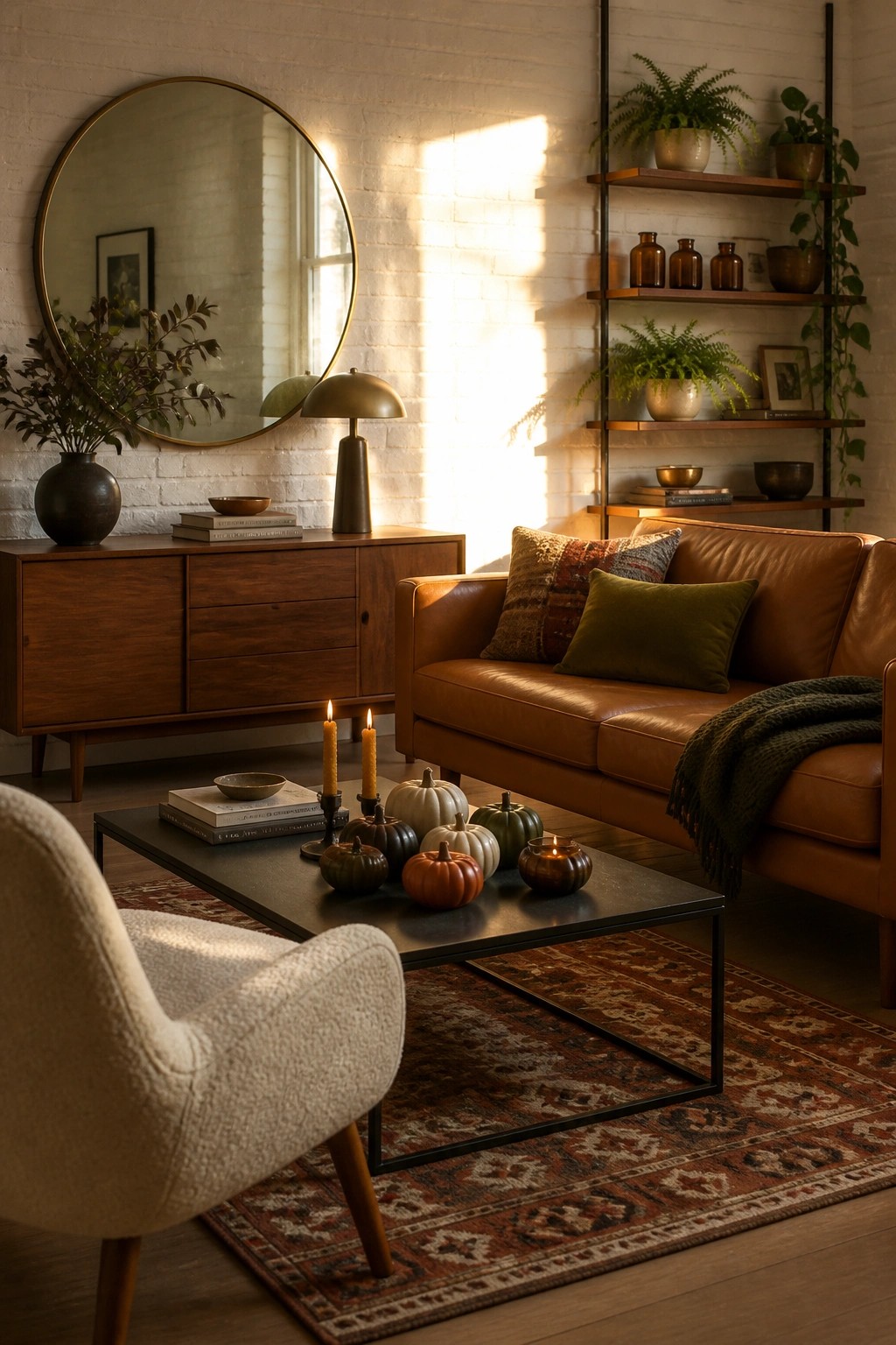 A modern living room with a brown leather sofa, black coffee table holding small pumpkins and candles, wooden sideboard, round mirror on a white brick wall, and patterned rug.