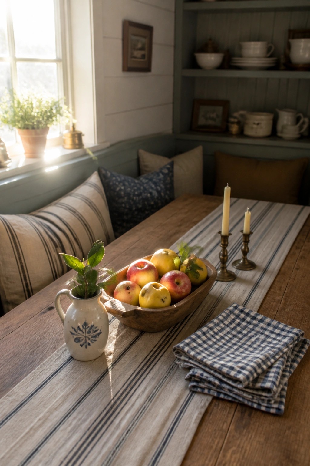 A wooden dining table set with a bowl of apples on a striped runner, two brass candlesticks, and a folded checkered cloth.