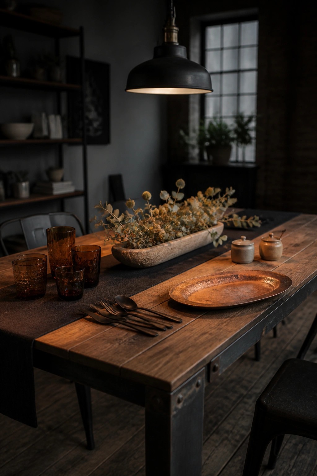 A wooden dining table with a long trough of dried foliage down the center, amber glassware on the left, and a copper tray on the right.