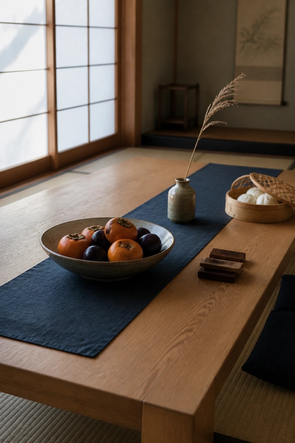 A low wooden table with a dark blue runner holding a ceramic bowl of persimmons and plums, a small vase with dried stems, wooden trivets, and a bamboo steamer basket nearby.