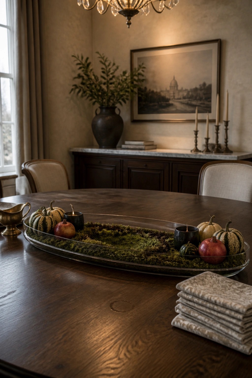 A long glass tray filled with green moss, small striped pumpkins, pomegranates, and dark candles sits centered on a dark wood dining table.