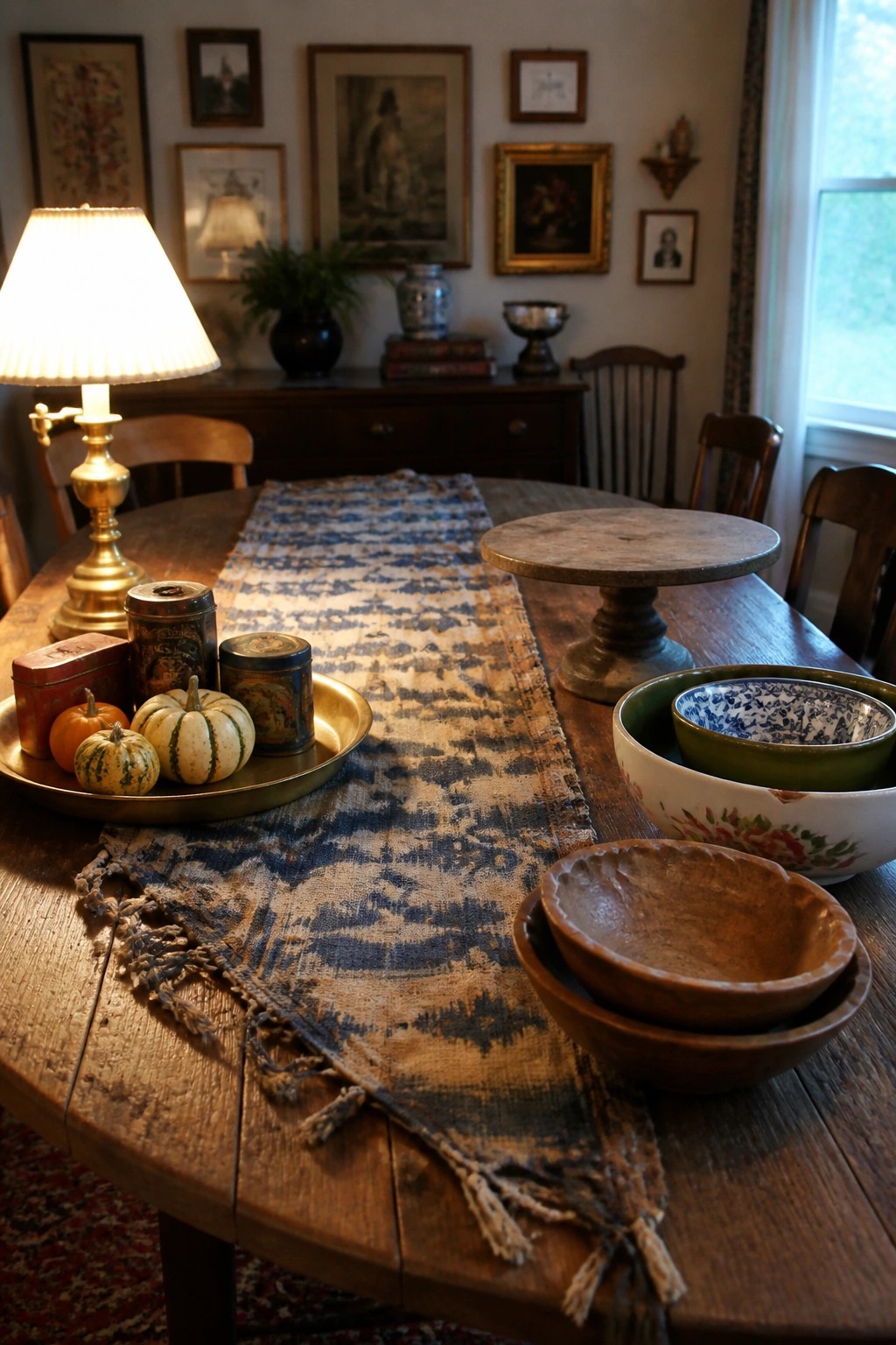 Rustic wooden table with blue runner, pumpkins, bowls, lamp, and framed wall art