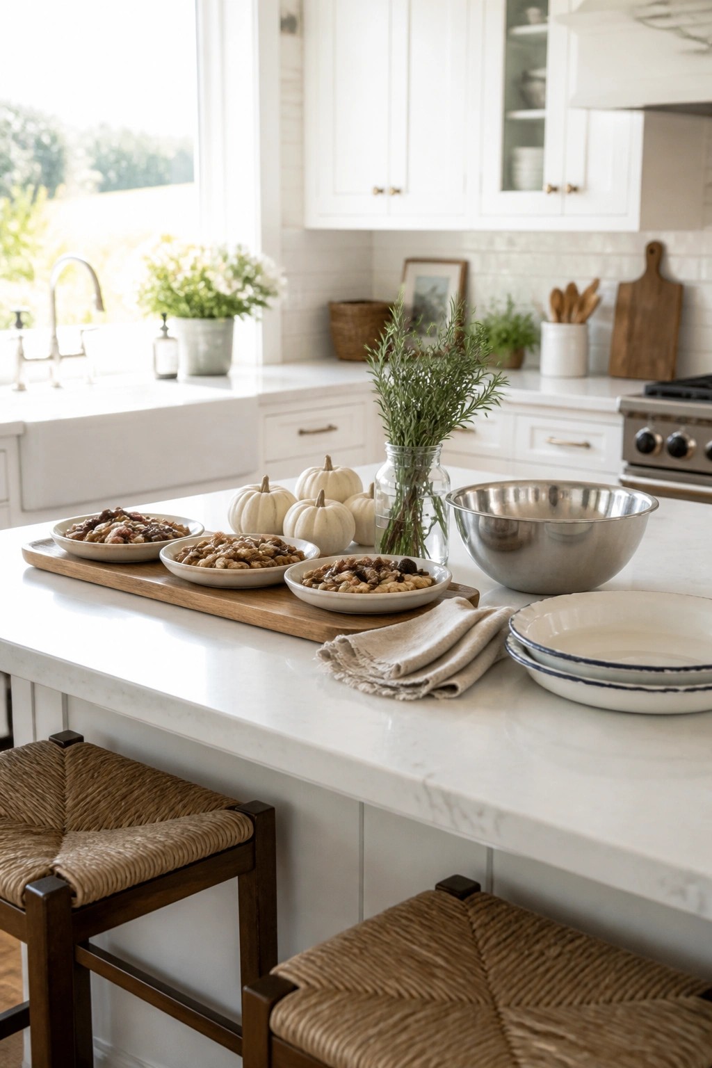 A white kitchen island holds a wooden tray with three bowls of snacks, small white pumpkins, and a glass vase of greenery, with a large stainless steel bowl and stacked plates nearby.