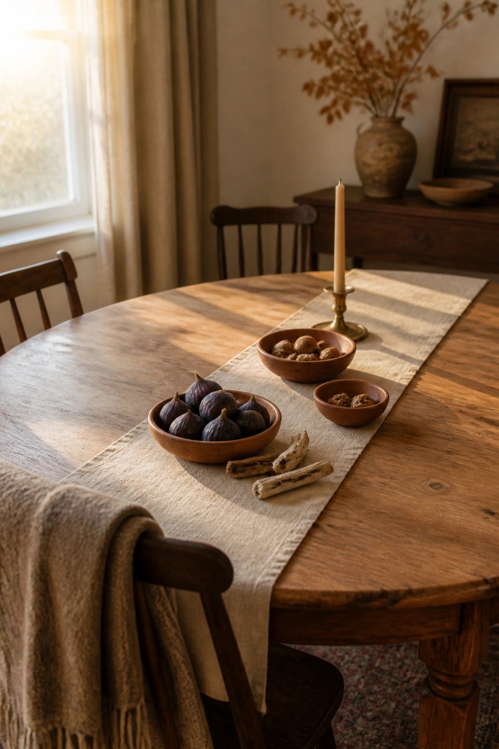 A wooden dining table set with a beige linen runner, several wooden bowls holding figs and walnuts, a single candle in a brass holder, and a few dried sticks scattered near the runner.