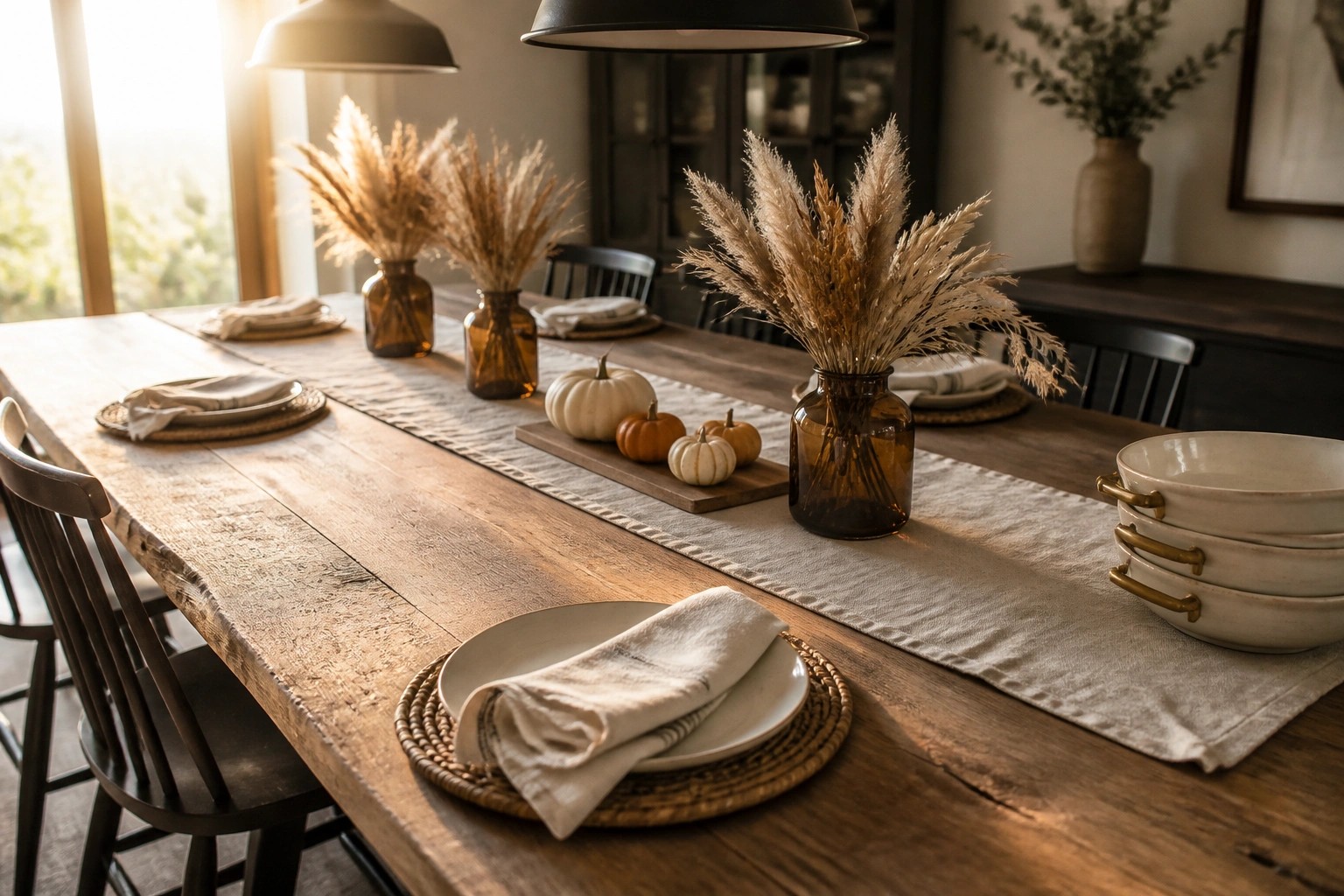 A long wooden dining table with a linen runner, amber glass vases holding dried grasses, small pumpkins on a wooden tray, and neutral place settings along both sides.