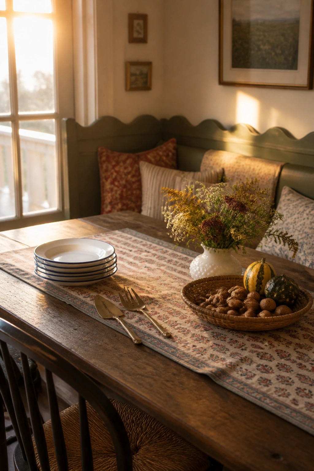 A wooden dining table with a patterned runner holding stacked plates, brass cutlery, a basket of nuts and gourds, and a white vase of flowers, set against a green bench with pillows.