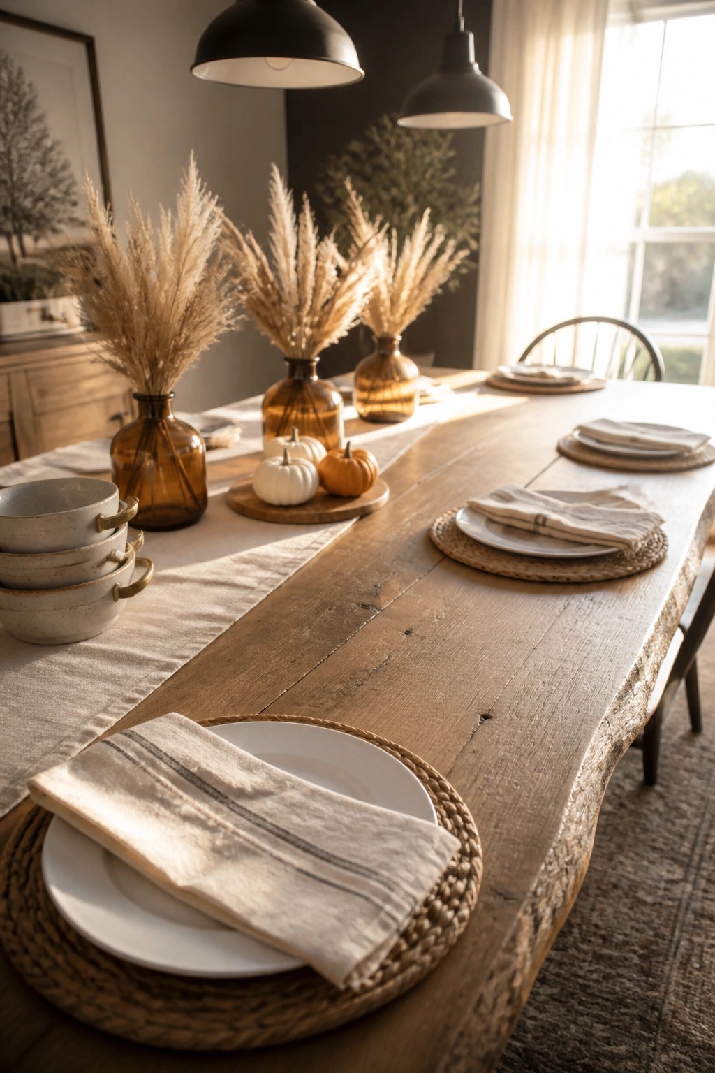 A long wooden dining table with a linen runner, amber glass vases holding dried grasses, small pumpkins on a wooden tray, and neutral place settings along both sides.