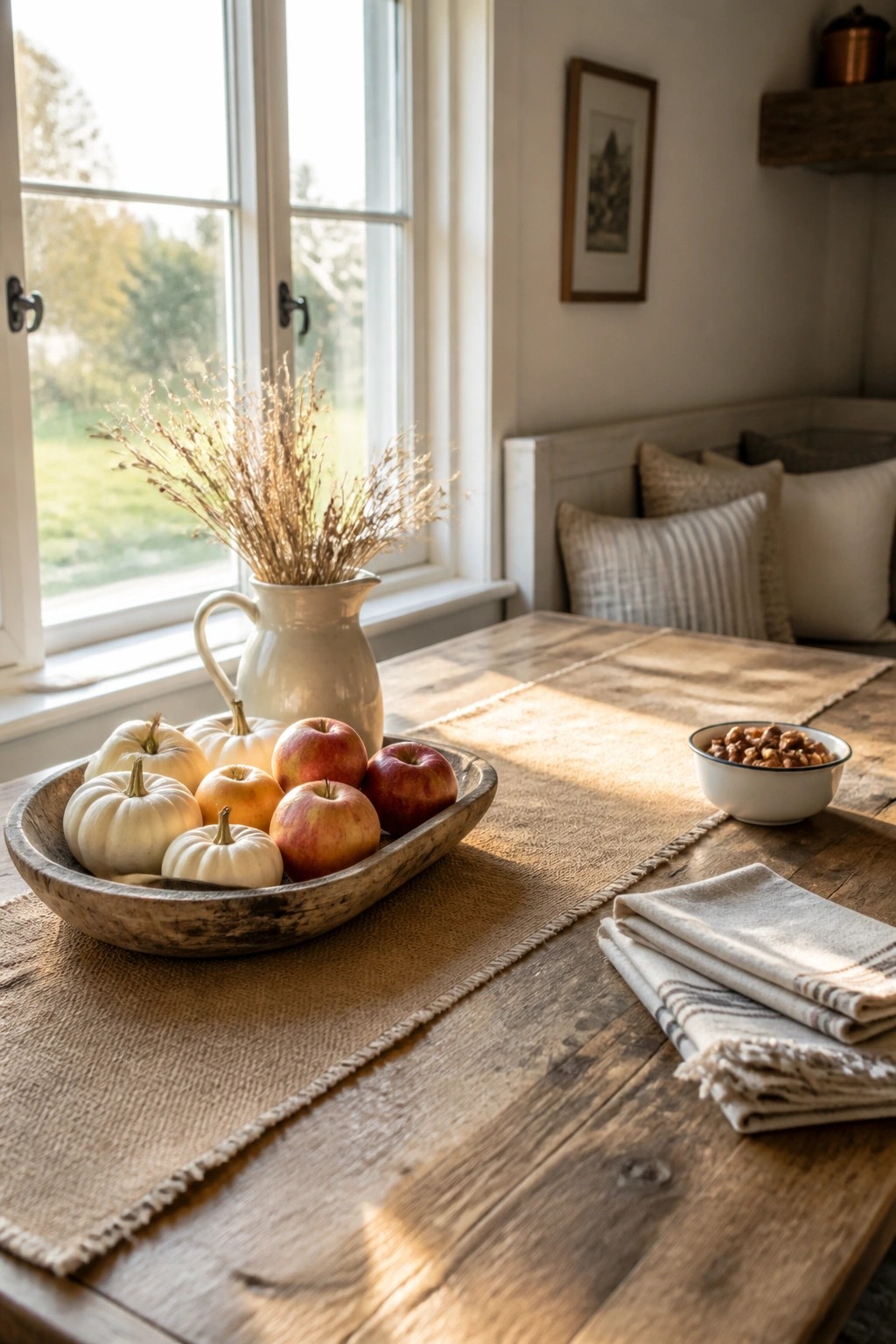 A rustic wooden dining table set with a burlap runner, a long wooden bowl holding small white pumpkins and red apples, a white ceramic pitcher with dried grasses, and a small bowl of nuts nearby.