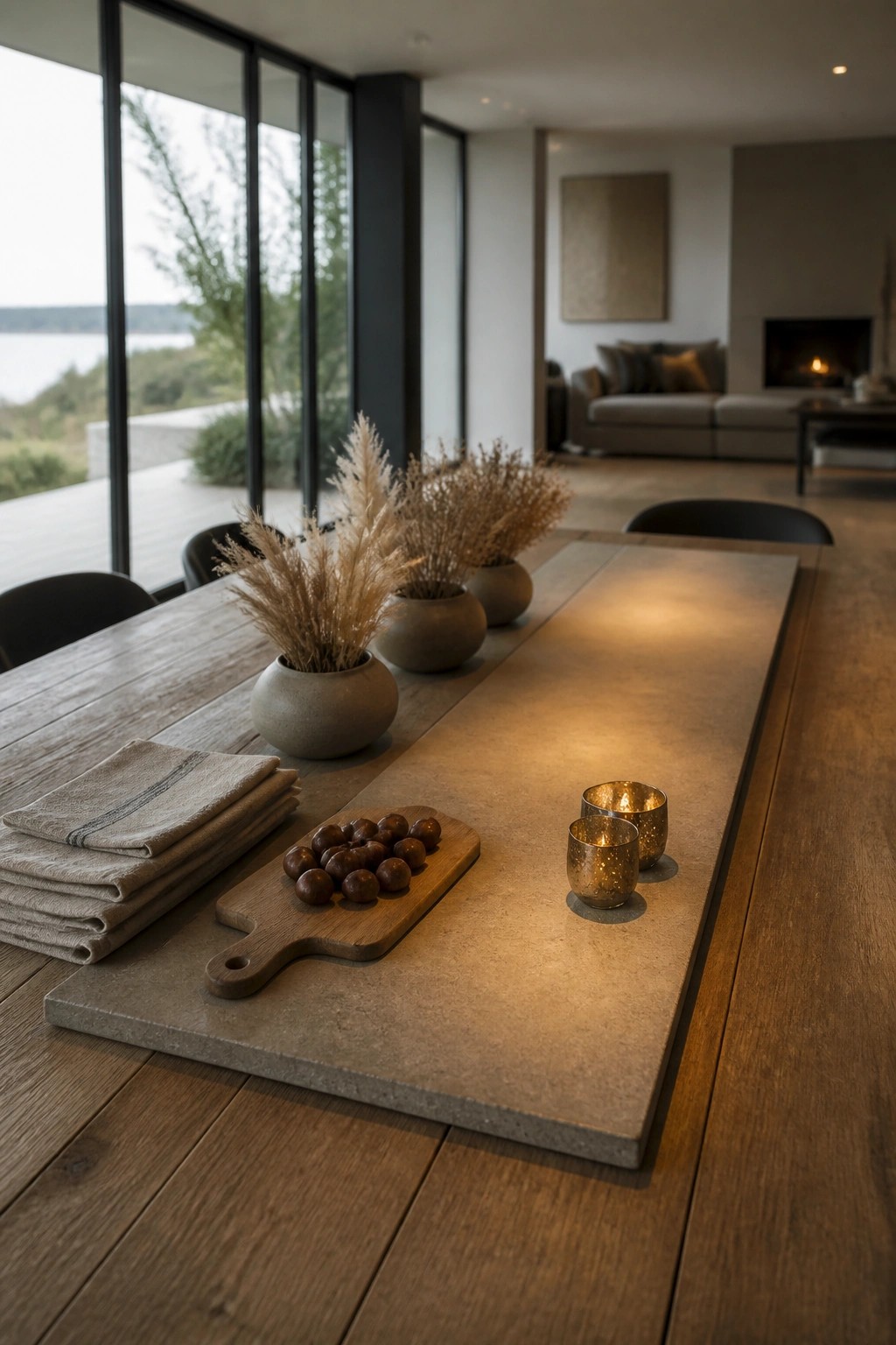 A long wooden dining table with a narrow concrete runner holding dried grass in pots, a small wooden board with nuts, folded napkins, and two small candle holders.