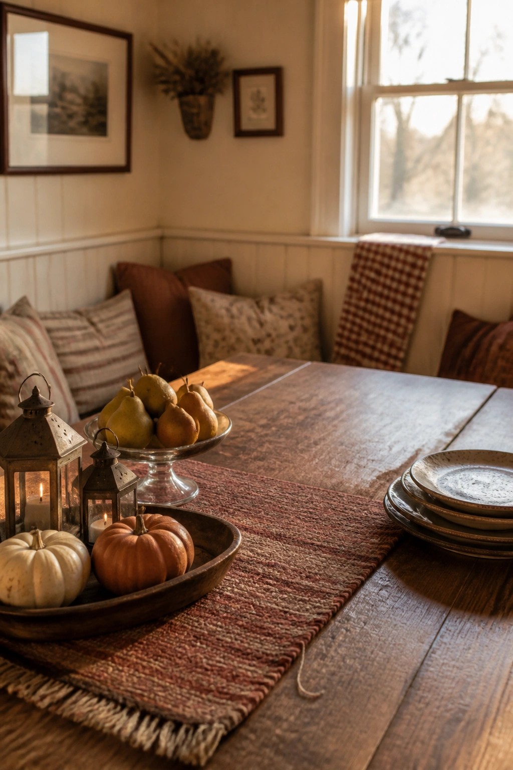 A wooden dining table with a woven runner holding small pumpkins, lit lanterns, a bowl of pears, and stacked plates near a window seat.